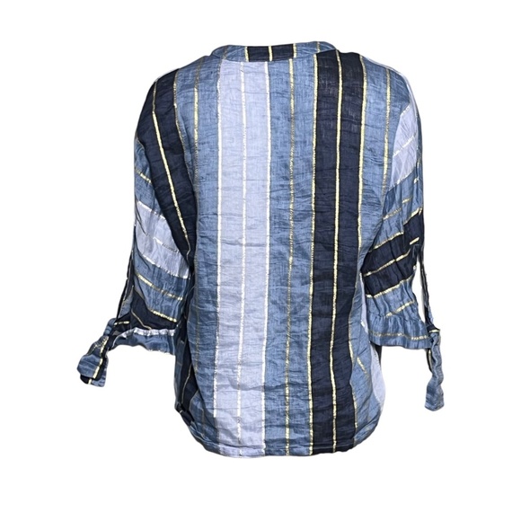 Vilagallo Blue Metallic Linen Blend Top Made In Portugal Blouse Size 42, US M/8 - Picture 5 of 9